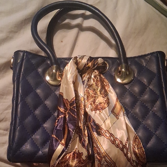 Scarleton Handbags - Chic Quilted Navy Satchel with Scarf Accent